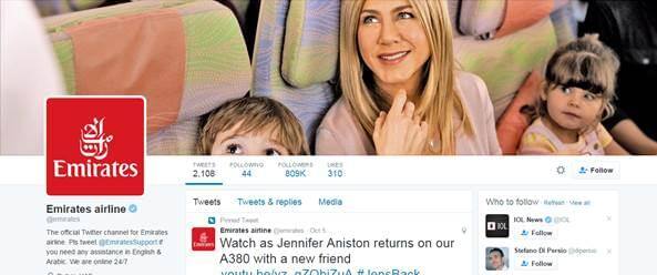 Emirates Twitter page with Jennifer Aniston as brand ambassador